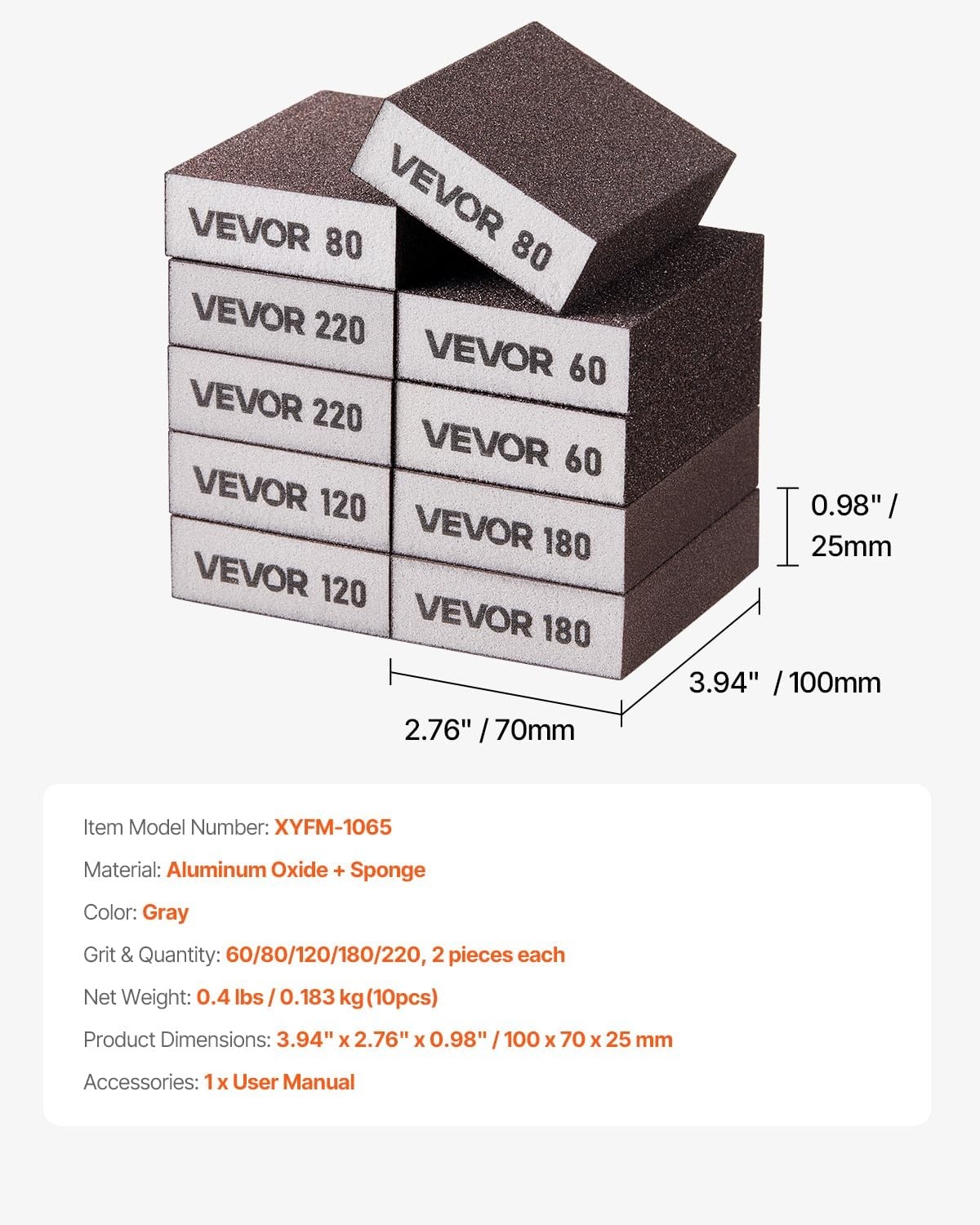 image:imageVEVOR Sanding Sponge 10 Pcs 6080120180220 Grit Assortment2 Each Washable and Reusable Sanding Blocks for Dry amp Wet Use Coarse to Fine Sandpaper Blocks for Drywall Wood Metal Furniture10 Pcs sanding block