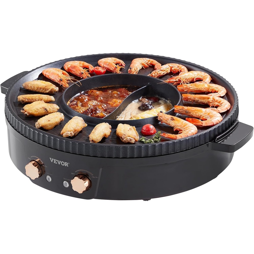 image:imageVEVOR Hot Pot with Grill 1800W 2in1 Electric Smokeless Grill and Hot Pot Korean BBQ Shabu Shabu Hotpot with Separate Dual Temperature Control Nonstick Pan for 28 People Family Dining1800W 2in1