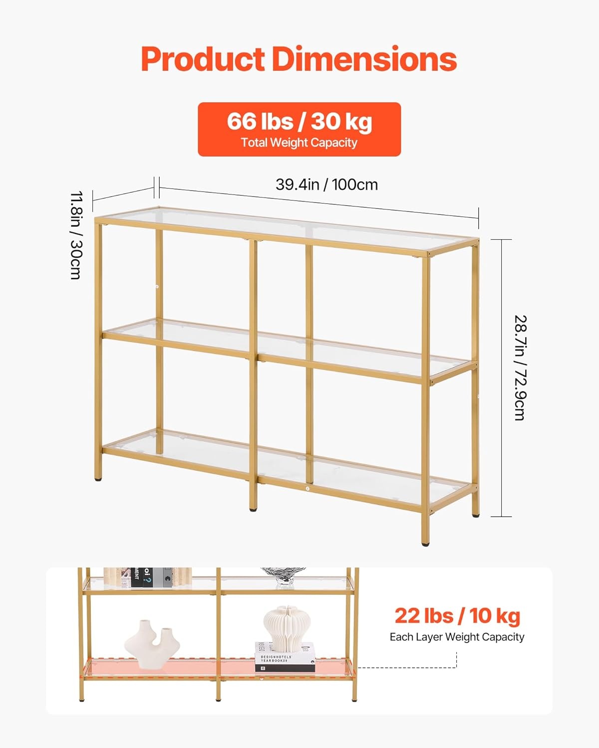 image:imageVEVOR 2Tier Glass Console Table Modern Rectangle Sofa Side Table with Tempered Glass Top and Iron Legs Golden Consloe Desk with AntiTip Device for Living Room Hallway Entryway Foyer GoldenGold