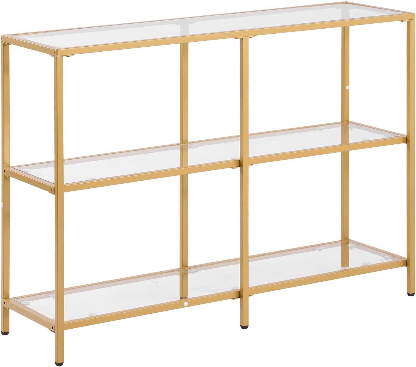 image:imageVEVOR 2Tier Glass Console Table Modern Rectangle Sofa Side Table with Tempered Glass Top and Iron Legs Golden Consloe Desk with AntiTip Device for Living Room Hallway Entryway Foyer GoldenGold