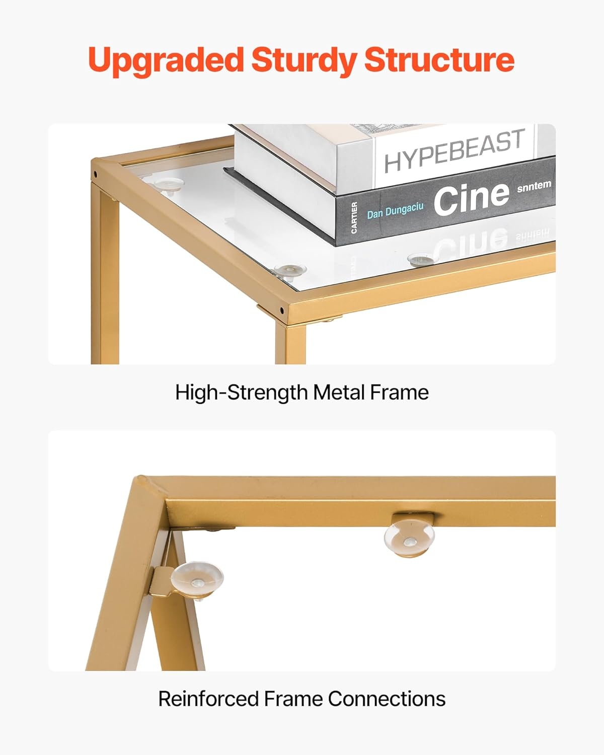 image:imageVEVOR 2Tier Glass Console Table Modern Rectangle Sofa Side Table with Tempered Glass Top and Iron Legs Golden Consloe Desk with AntiTip Device for Living Room Hallway Entryway Foyer GoldenGolden