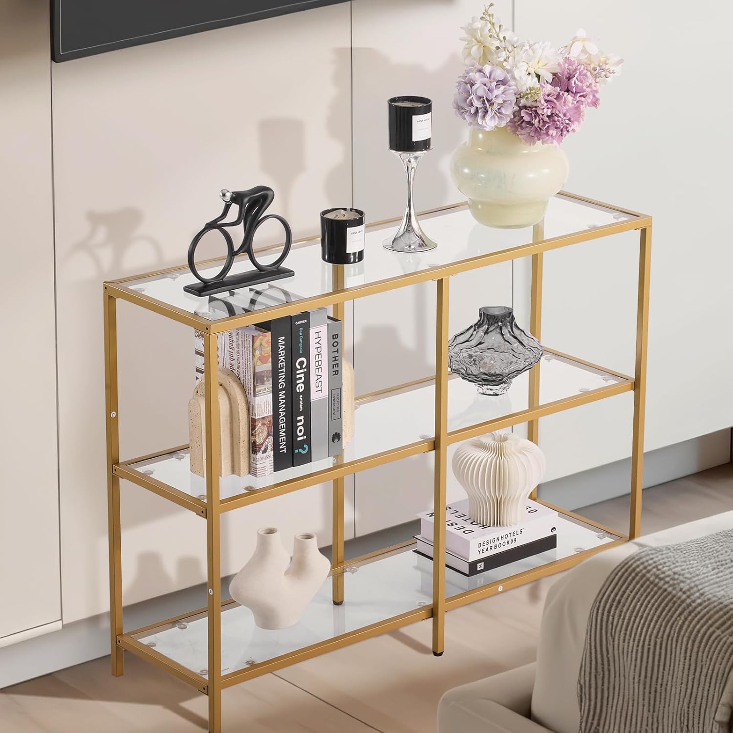 image:imageVEVOR 2Tier Glass Console Table Modern Rectangle Sofa Side Table with Tempered Glass Top and Iron Legs Golden Consloe Desk with AntiTip Device for Living Room Hallway Entryway Foyer GoldenGold