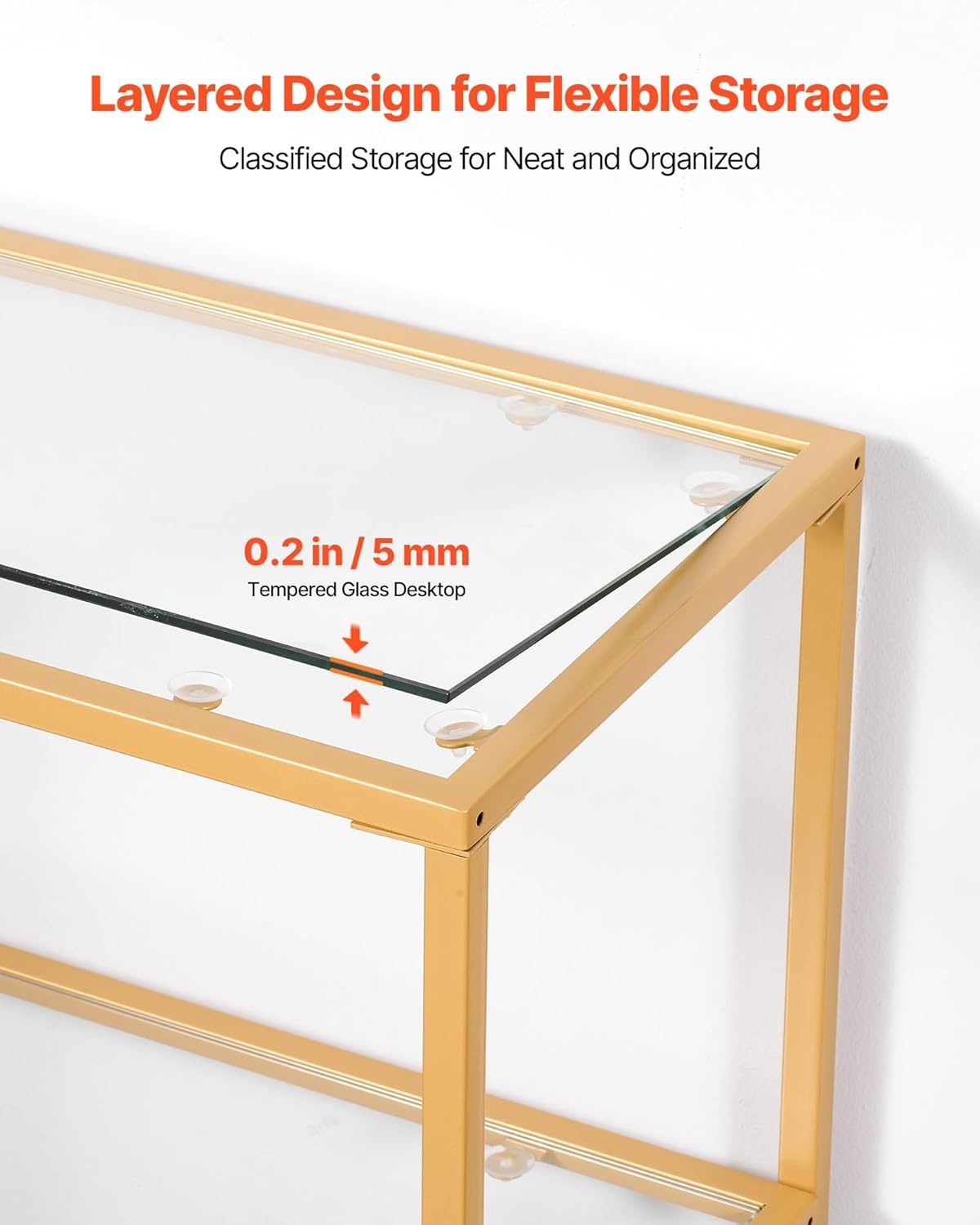 image:imageVEVOR 2Tier Glass Console Table Modern Rectangle Sofa Side Table with Tempered Glass Top and Iron Legs Golden Consloe Desk with AntiTip Device for Living Room Hallway Entryway Foyer GoldenGold