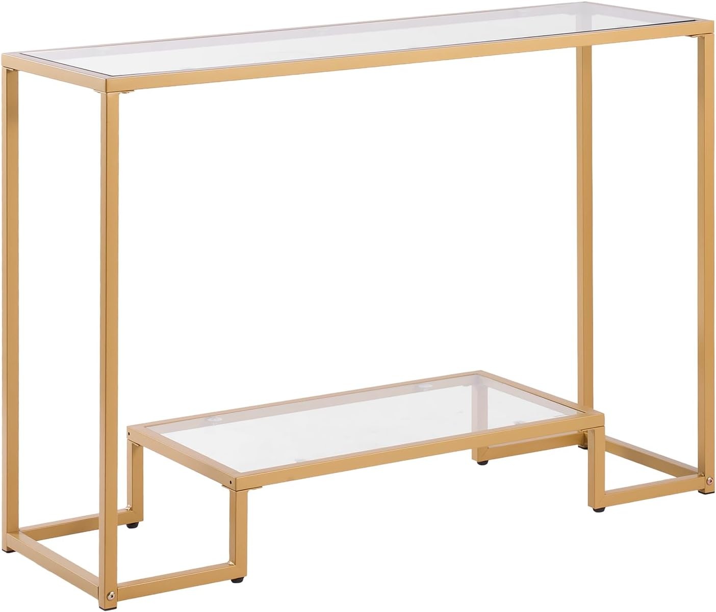 image:imageVEVOR 2Tier Glass Console Table Modern Rectangle Sofa Side Table with Tempered Glass Top and Iron Legs Golden Consloe Desk with AntiTip Device for Living Room Hallway Entryway Foyer GoldenGolden