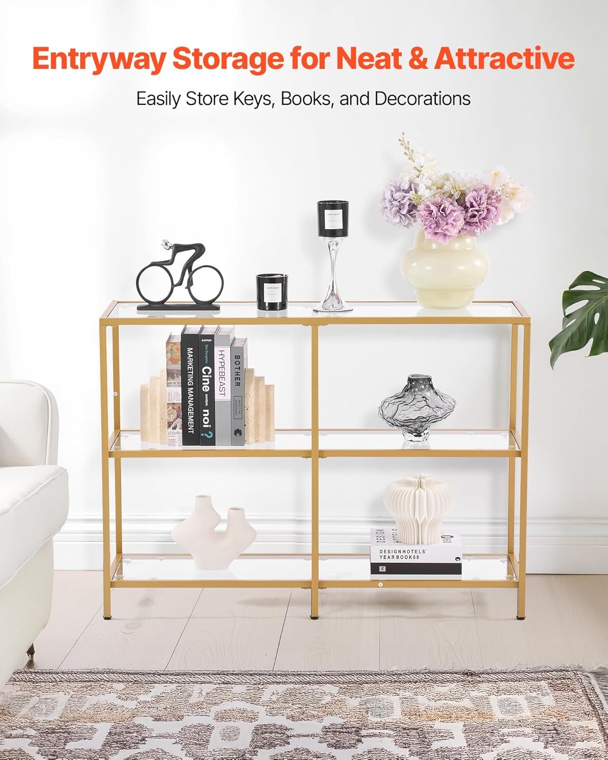 image:imageVEVOR 2Tier Glass Console Table Modern Rectangle Sofa Side Table with Tempered Glass Top and Iron Legs Golden Consloe Desk with AntiTip Device for Living Room Hallway Entryway Foyer GoldenGold
