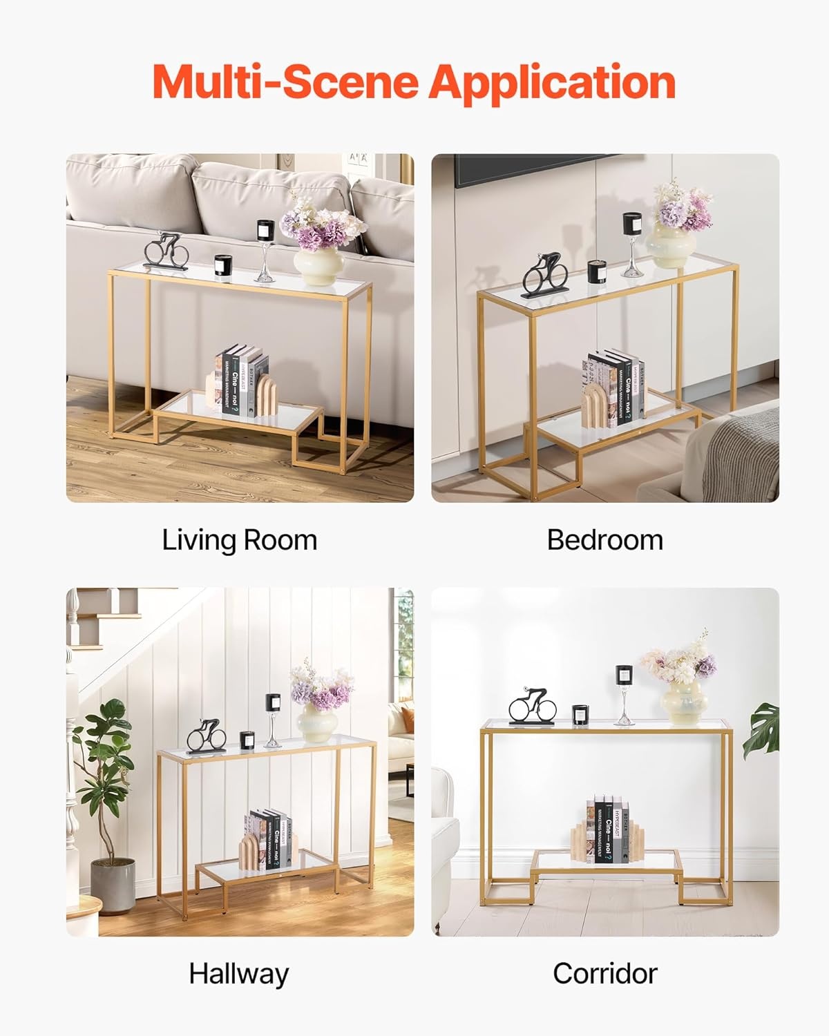 image:imageVEVOR 2Tier Glass Console Table Modern Rectangle Sofa Side Table with Tempered Glass Top and Iron Legs Golden Consloe Desk with AntiTip Device for Living Room Hallway Entryway Foyer GoldenGolden