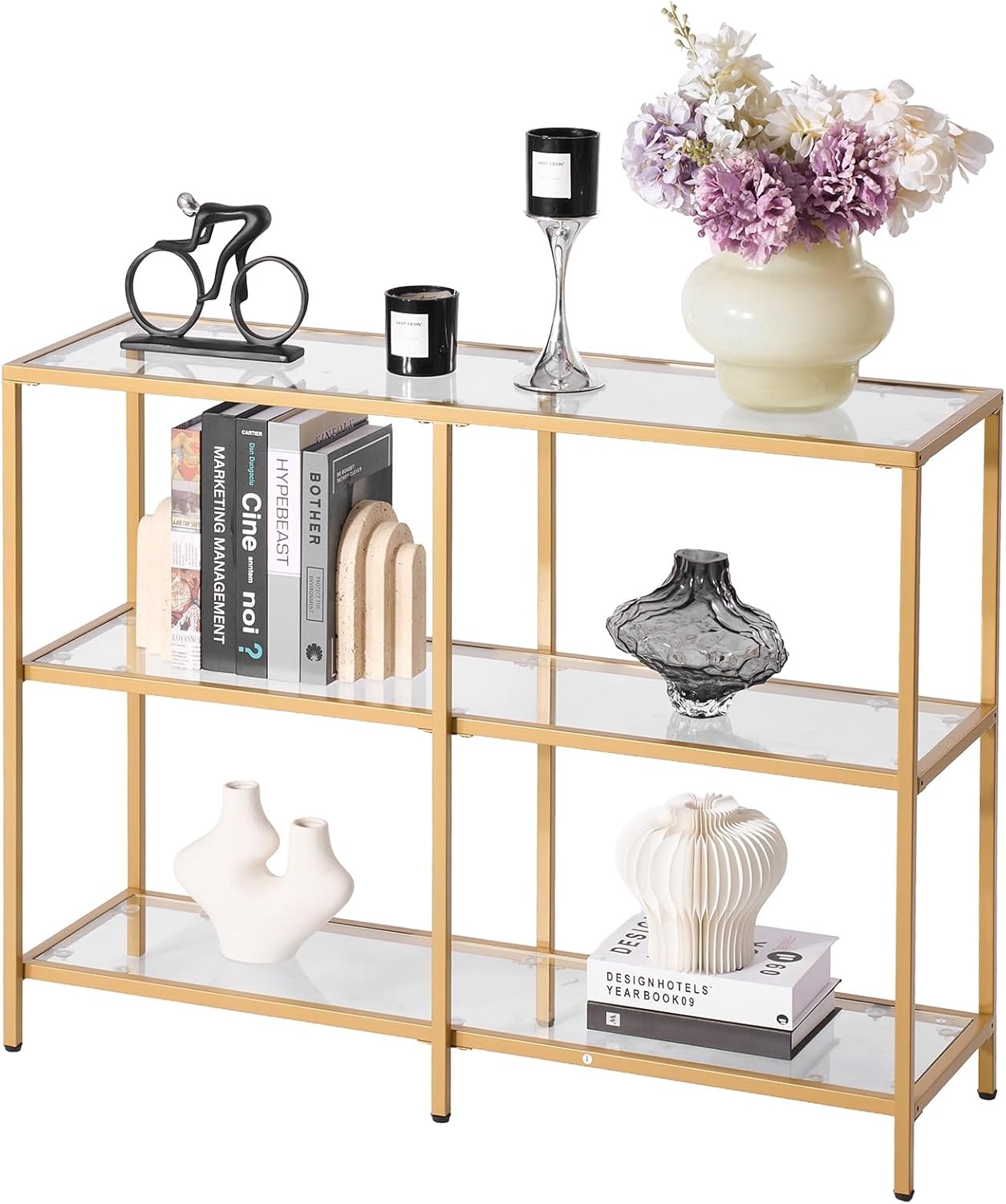 image:imageVEVOR 2Tier Glass Console Table Modern Rectangle Sofa Side Table with Tempered Glass Top and Iron Legs Golden Consloe Desk with AntiTip Device for Living Room Hallway Entryway Foyer GoldenGold