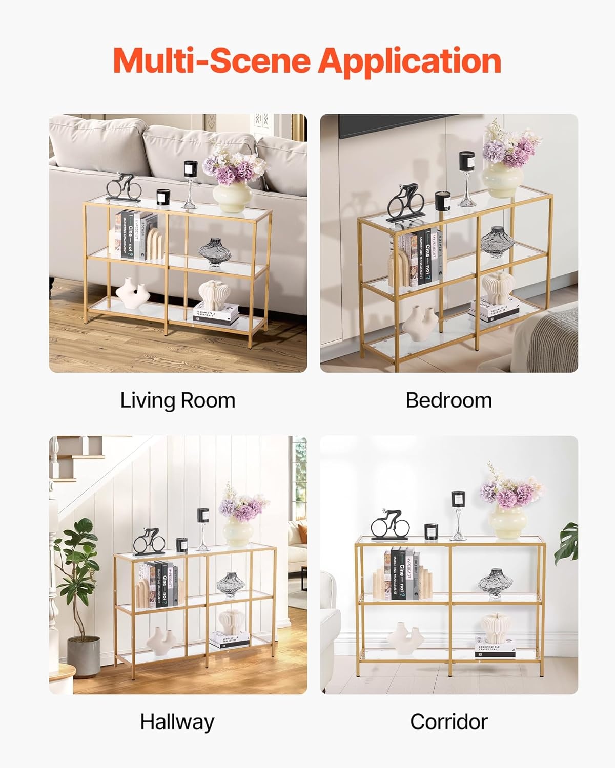 image:imageVEVOR 2Tier Glass Console Table Modern Rectangle Sofa Side Table with Tempered Glass Top and Iron Legs Golden Consloe Desk with AntiTip Device for Living Room Hallway Entryway Foyer GoldenGold
