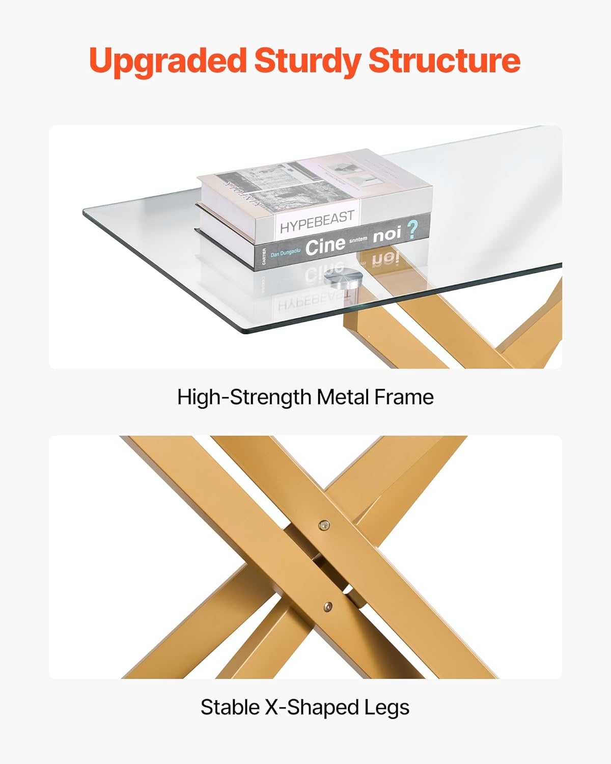 image:imageVEVOR 2Tier Glass Console Table Modern Rectangle Sofa Side Table with Tempered Glass Top and Iron Legs Golden Consloe Desk with AntiTip Device for Living Room Hallway Entryway Foyer GoldenGold