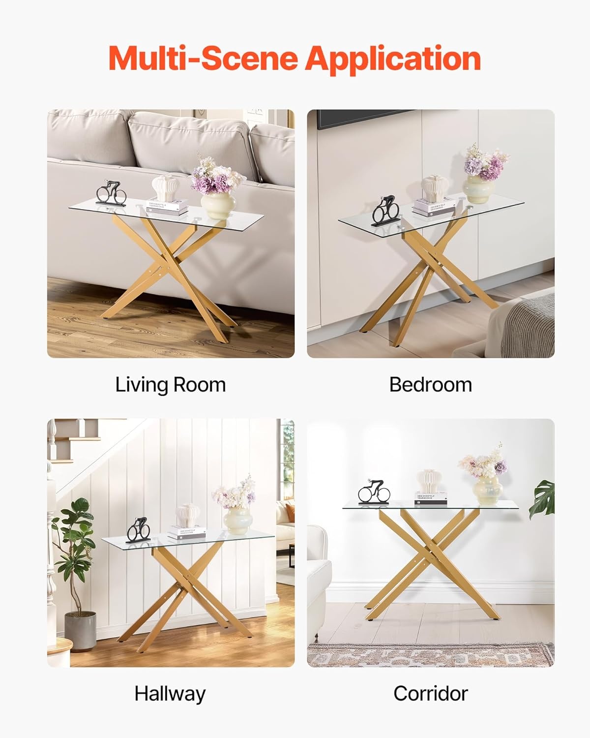 image:imageVEVOR 2Tier Glass Console Table Modern Rectangle Sofa Side Table with Tempered Glass Top and Iron Legs Golden Consloe Desk with AntiTip Device for Living Room Hallway Entryway Foyer GoldenGold