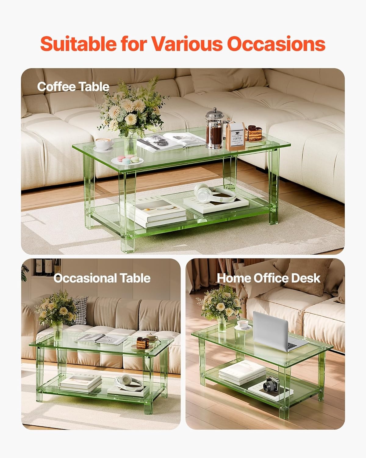 image:imageVEVOR Acrylic Coffee Table 2Tiers Center Table with Open Storage Shelf Modern Rectangle Acrylic Coffe Desk for Living Room Dining Room Kitchen Island Office 315 W x 197 D x 157 H GreenGreen