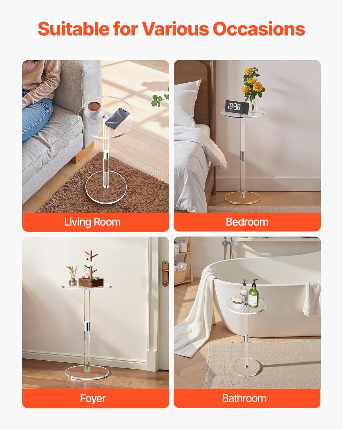 image:imageVEVOR Acrylic Drink Table Small Round Side Table with Solid Post Modern Clear End Table Transparent Cake Desk for Coffee Cocktail Dessert Snack Living Room Bedroom Bathroom Easy Assembly