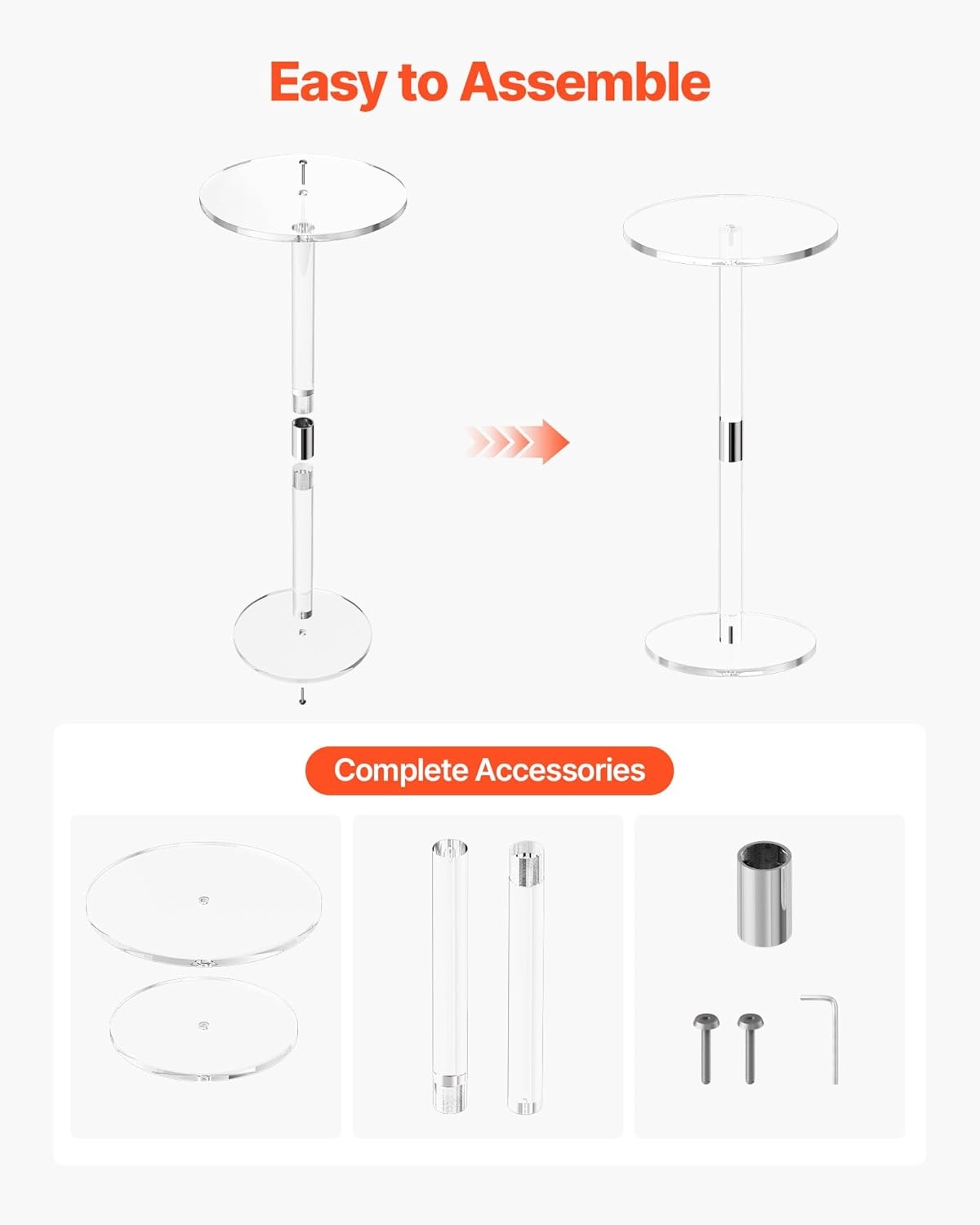 image:imageVEVOR Acrylic Drink Table Small Round Side Table with Solid Post Modern Clear End Table Transparent Cake Desk for Coffee Cocktail Dessert Snack Living Room Bedroom Bathroom Easy Assembly