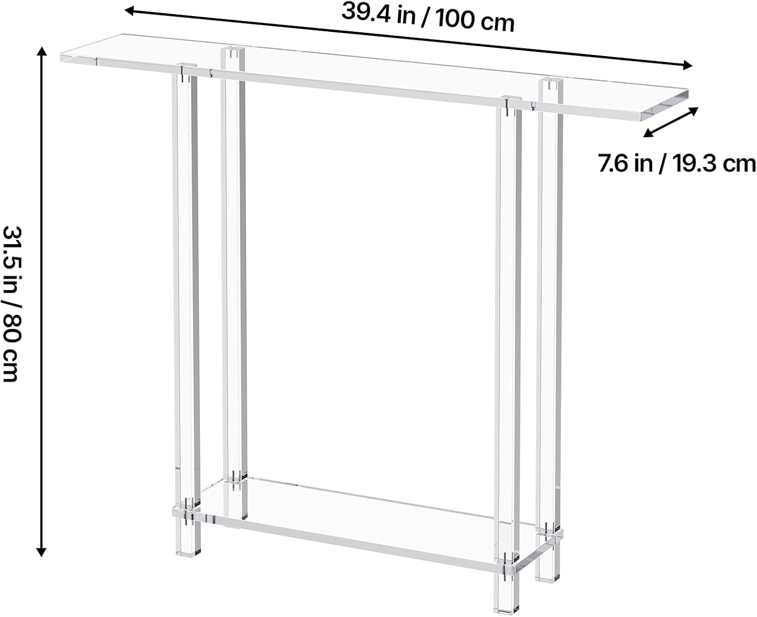 image:imageVEVOR Acrylic Narrow Console Table for Entryway Clear Skinny Entry Side Table 2Tier Modern Transparent Sofa End Table Square Legs for Hallway Foyer Living Room 76 D x 394 W x 315 H