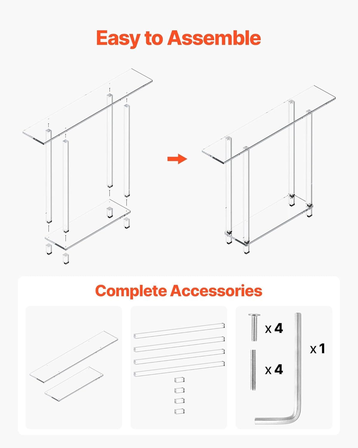 image:imageVEVOR Acrylic Narrow Console Table for Entryway Clear Skinny Entry Side Table 2Tier Modern Transparent Sofa End Table Square Legs for Hallway Foyer Living Room 76 D x 394 W x 315 H