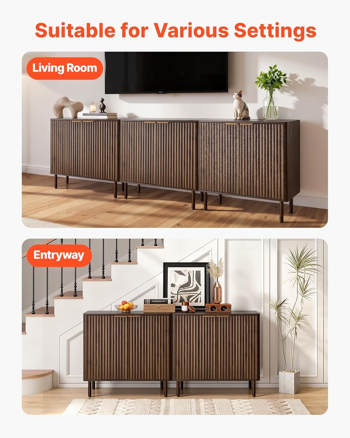 image:imageVEVOR Buffet Cabinet Sideboard Cabinet with 2Tier Storage Coffee Bar Cabinet with Adjustable Shelves Fluted Sideboard Buffet for Hallway Entryway Living Room or Kitchen Oak2pcsWalnut