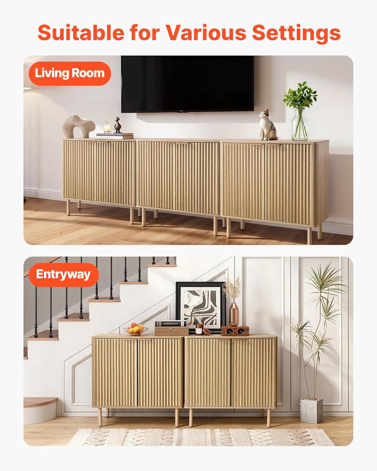 image:imageVEVOR Buffet Cabinet Sideboard Cabinet with 2Tier Storage Coffee Bar Cabinet with Adjustable Shelves Fluted Sideboard Buffet for Hallway Entryway Living Room or Kitchen Oak2pcsOak