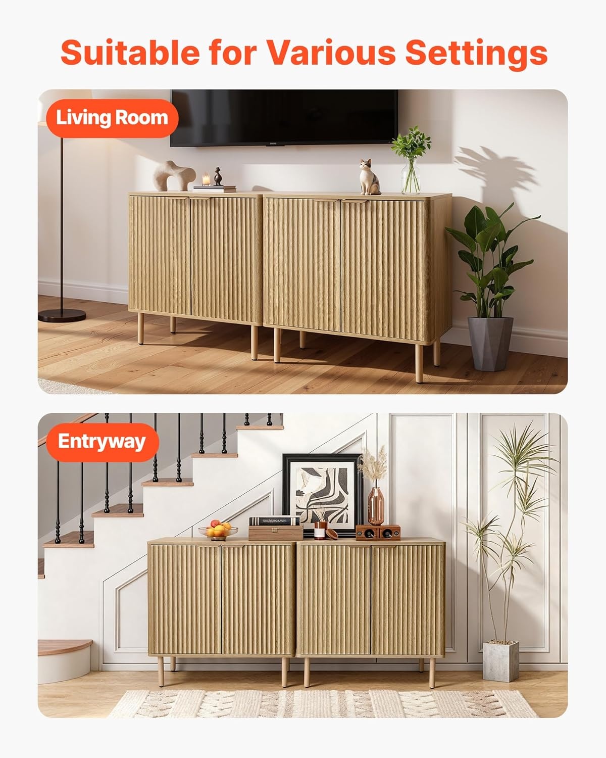 image:imageVEVOR Buffet Cabinet Sideboard Cabinet with 2Tier Storage Coffee Bar Cabinet with Adjustable Shelves Fluted Sideboard Buffet for Hallway Entryway Living Room or Kitchen Oak2pcsOak