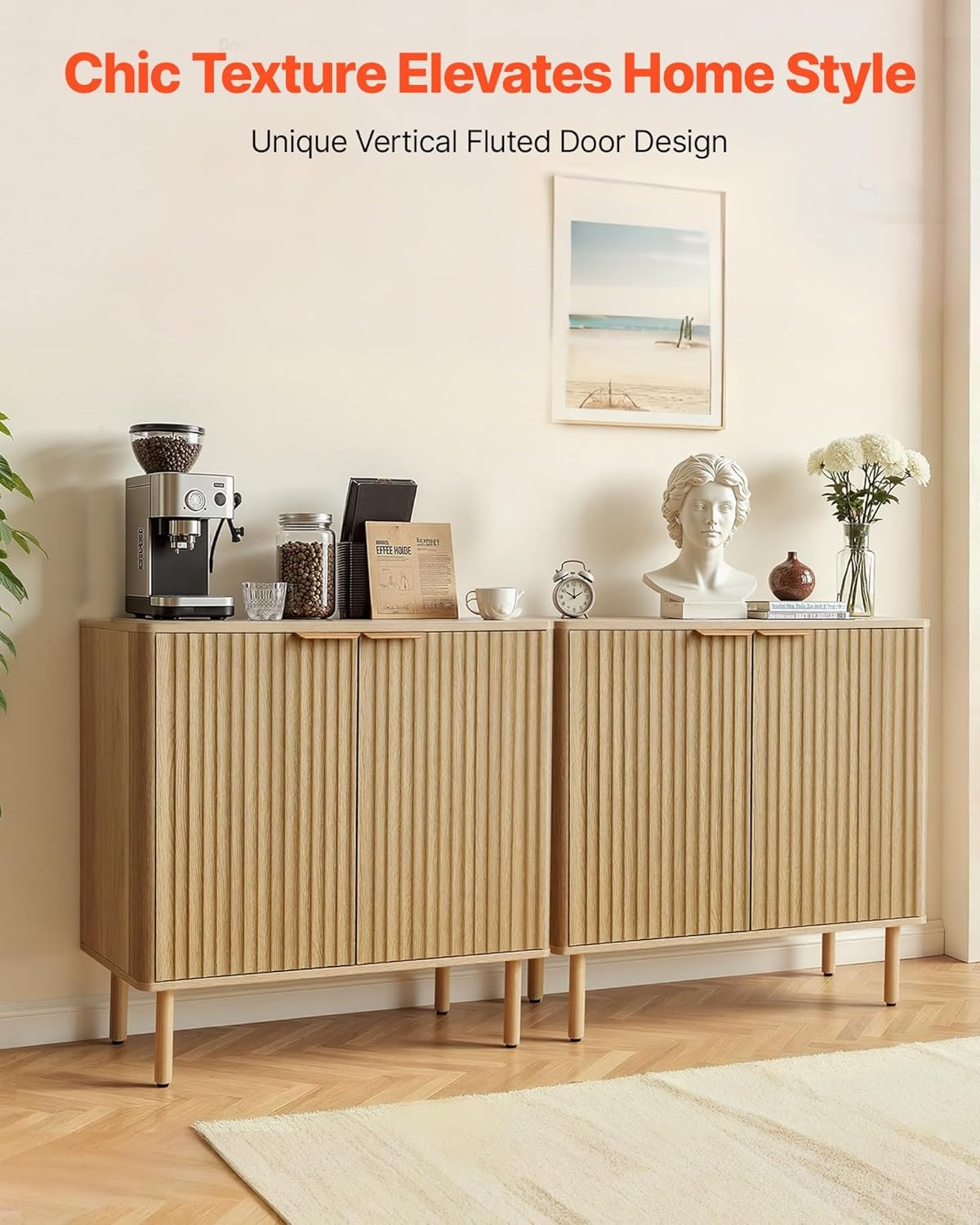 image:imageVEVOR Buffet Cabinet Sideboard Cabinet with 2Tier Storage Coffee Bar Cabinet with Adjustable Shelves Fluted Sideboard Buffet for Hallway Entryway Living Room or Kitchen Oak2pcsOak