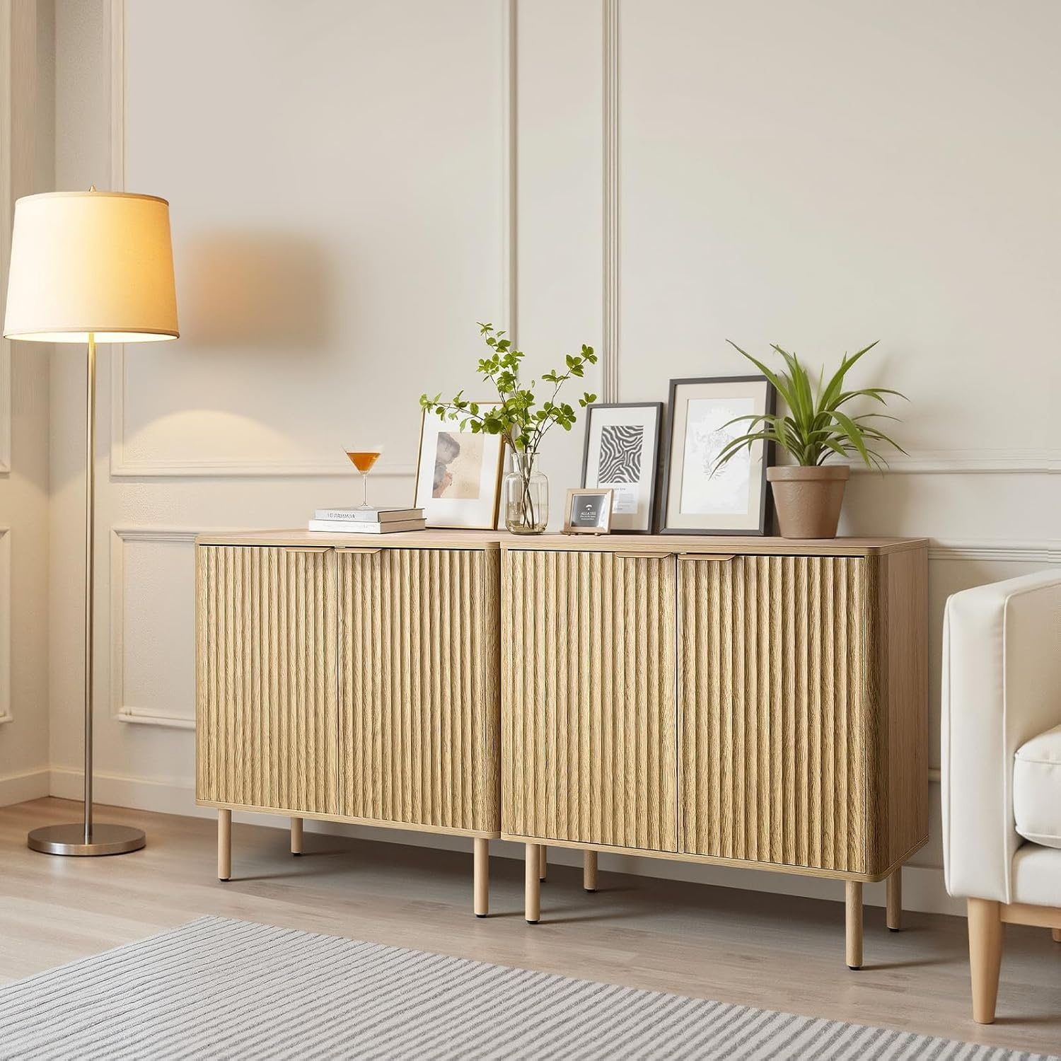 image:imageVEVOR Buffet Cabinet Sideboard Cabinet with 2Tier Storage Coffee Bar Cabinet with Adjustable Shelves Fluted Sideboard Buffet for Hallway Entryway Living Room or Kitchen Oak2pcsOak