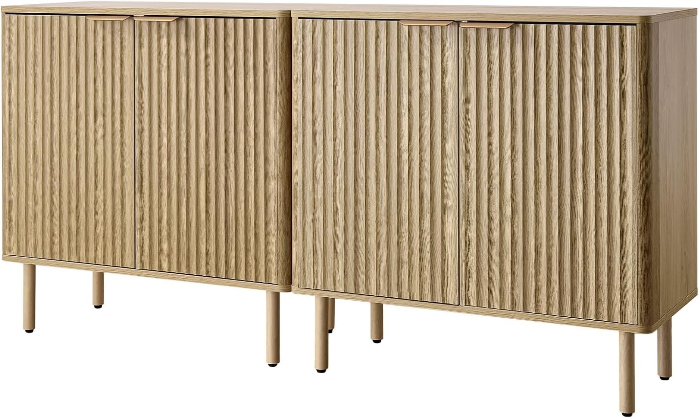 image:imageVEVOR Buffet Cabinet Sideboard Cabinet with 2Tier Storage Coffee Bar Cabinet with Adjustable Shelves Fluted Sideboard Buffet for Hallway Entryway Living Room or Kitchen Oak2pcsOak