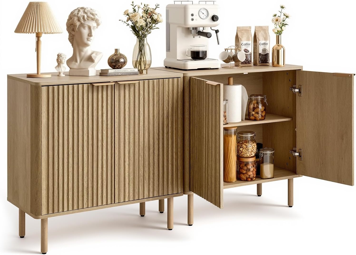 image:imageVEVOR Buffet Cabinet Sideboard Cabinet with 2Tier Storage Coffee Bar Cabinet with Adjustable Shelves Fluted Sideboard Buffet for Hallway Entryway Living Room or Kitchen Oak2pcsOak