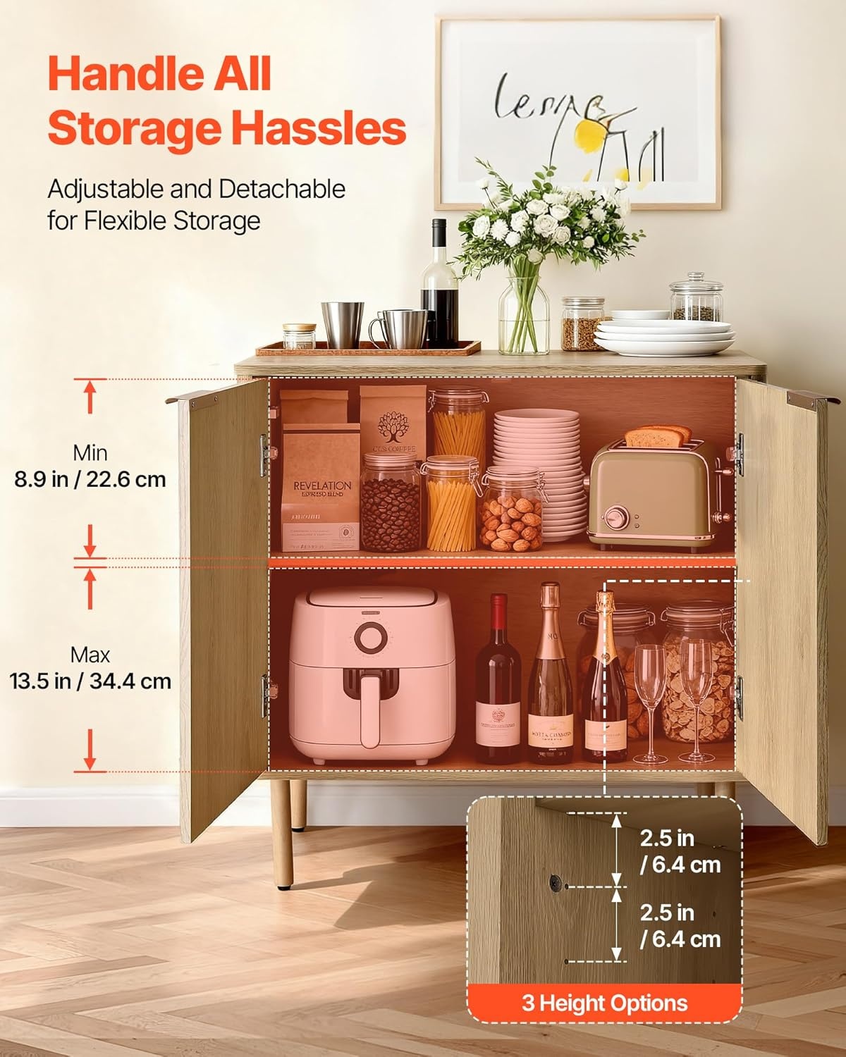 image:imageVEVOR Buffet Cabinet Sideboard Cabinet with 2Tier Storage Coffee Bar Cabinet with Adjustable Shelves Fluted Sideboard Buffet for Hallway Entryway Living Room or Kitchen Oak2pcsOak