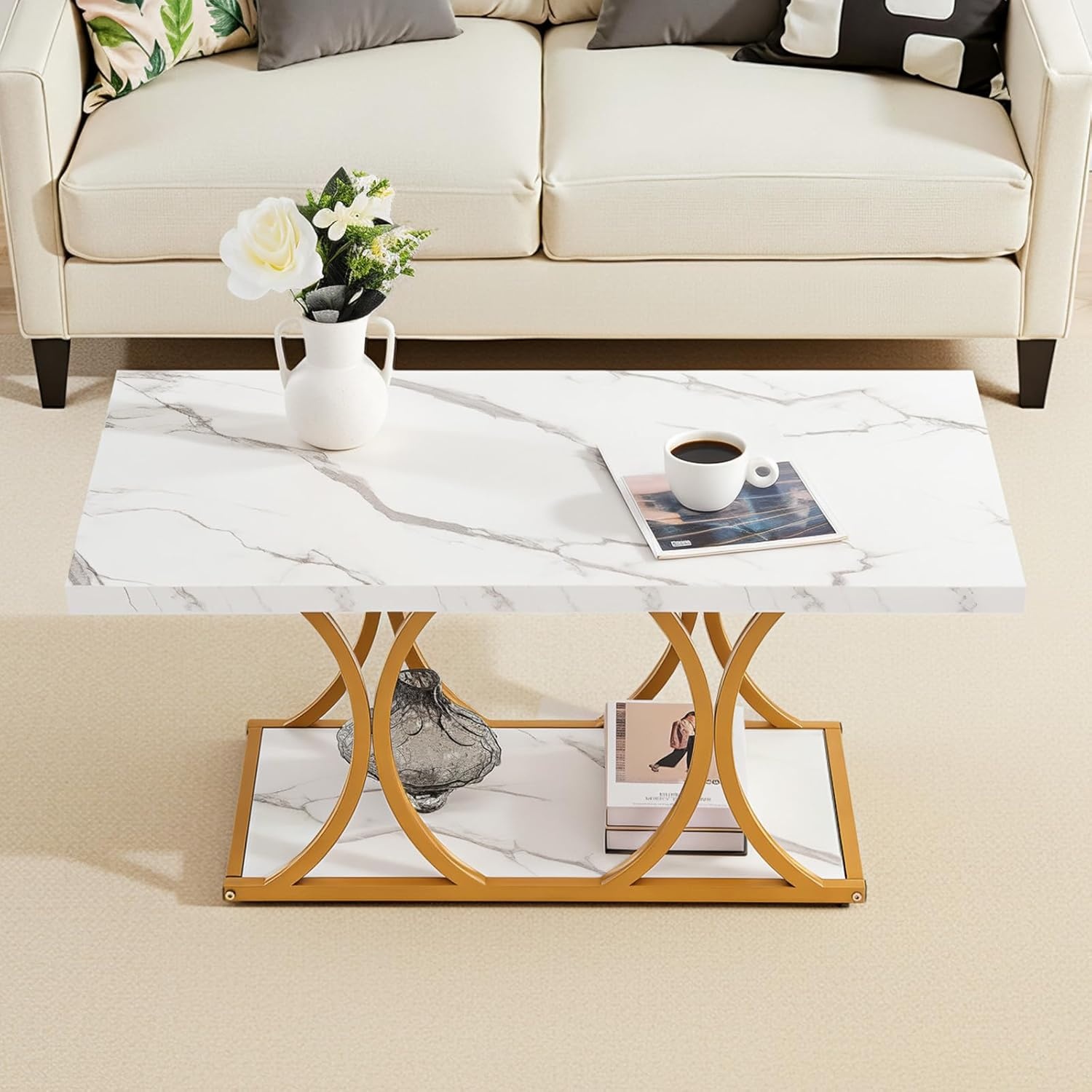 image:imageVEVOR Coffee Table Modern Faux Marble Coffee Table 2Tier Rectangle Center Desk with Geometric Legs Minimalist Sturdy Metal Frame Accent End Desk for Living Room Office Easy Assembly White472 Inch