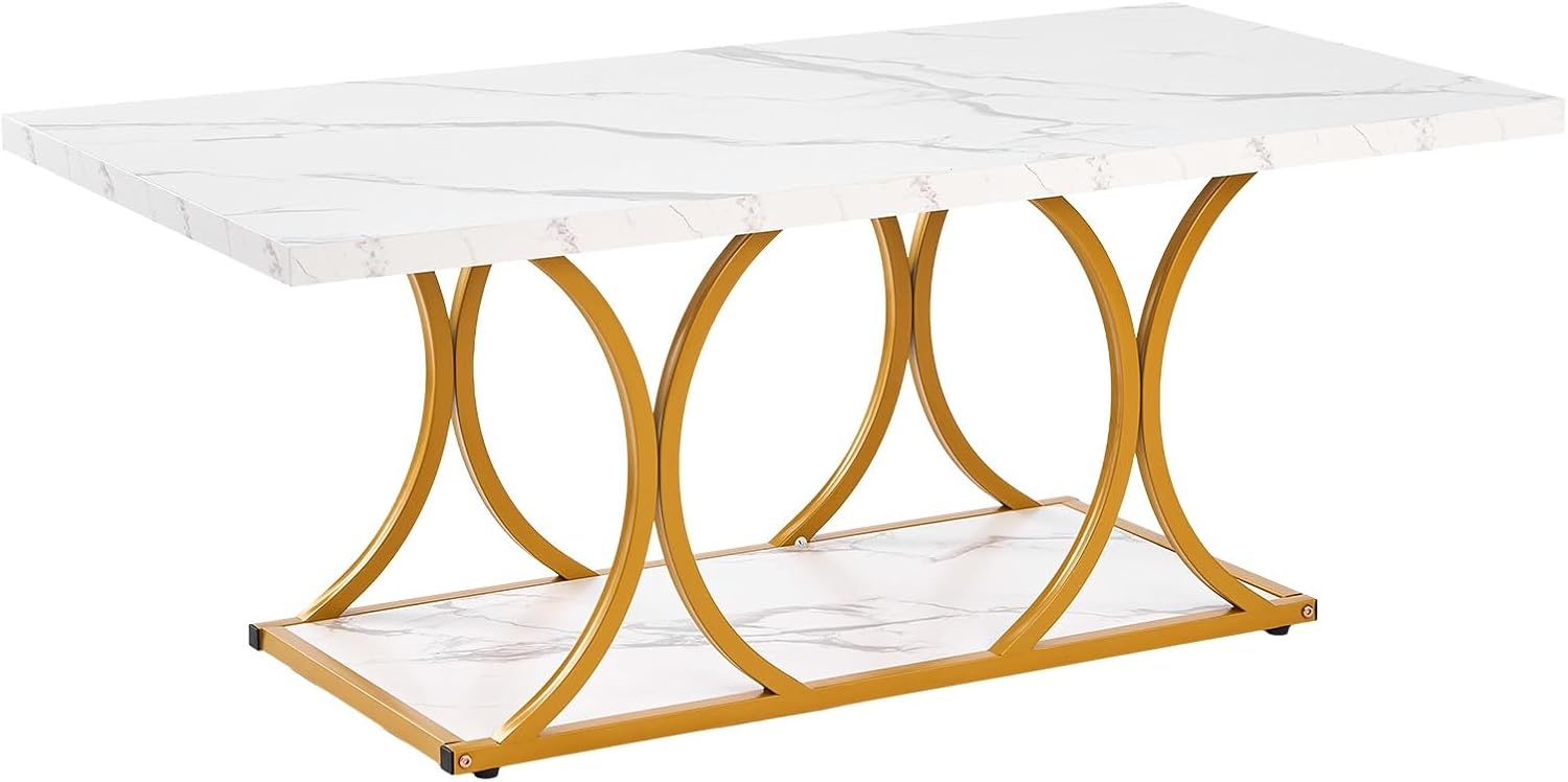 image:imageVEVOR Coffee Table Modern Faux Marble Coffee Table 2Tier Rectangle Center Desk with Geometric Legs Minimalist Sturdy Metal Frame Accent End Desk for Living Room Office Easy Assembly White472 Inch