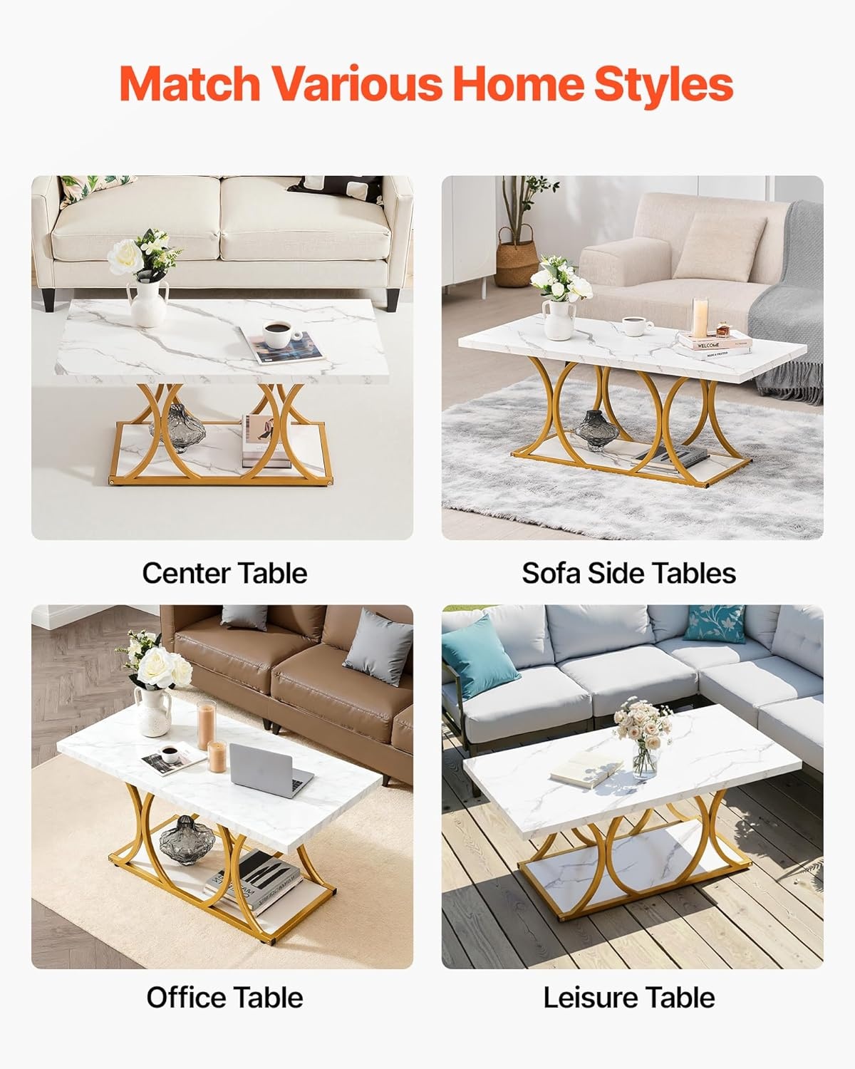 image:imageVEVOR Coffee Table Modern Faux Marble Coffee Table 2Tier Rectangle Center Desk with Geometric Legs Minimalist Sturdy Metal Frame Accent End Desk for Living Room Office Easy Assembly White472 Inch