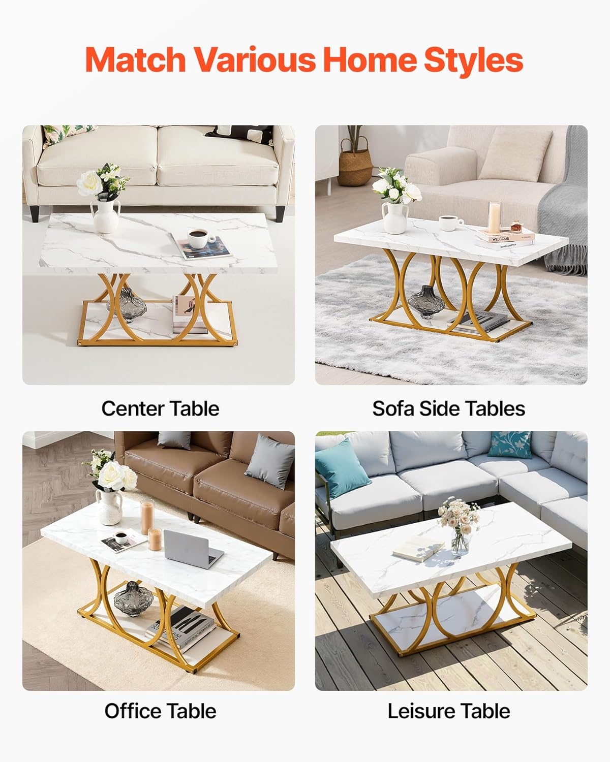 image:imageVEVOR Coffee Table Modern Faux Marble Coffee Table 2Tier Rectangle Center Desk with Geometric Legs Minimalist Sturdy Metal Frame Accent End Desk for Living Room Office Easy Assembly White393 Inch