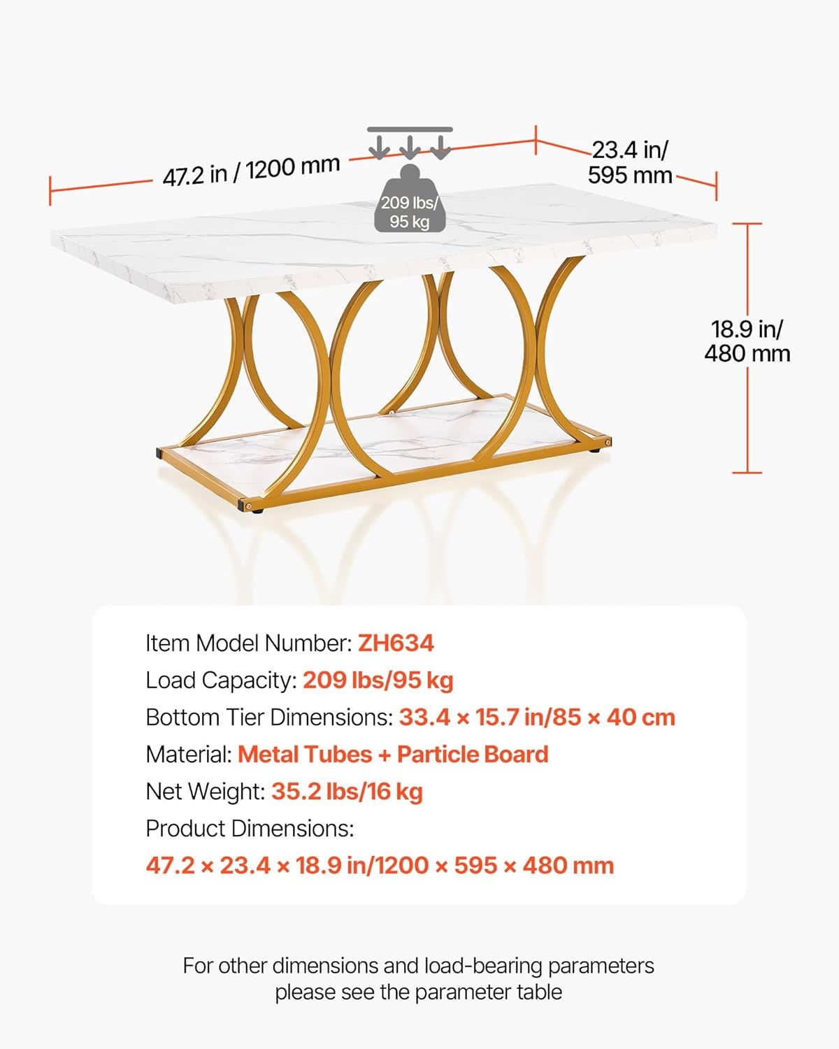 image:imageVEVOR Coffee Table Modern Faux Marble Coffee Table 2Tier Rectangle Center Desk with Geometric Legs Minimalist Sturdy Metal Frame Accent End Desk for Living Room Office Easy Assembly White472 Inch