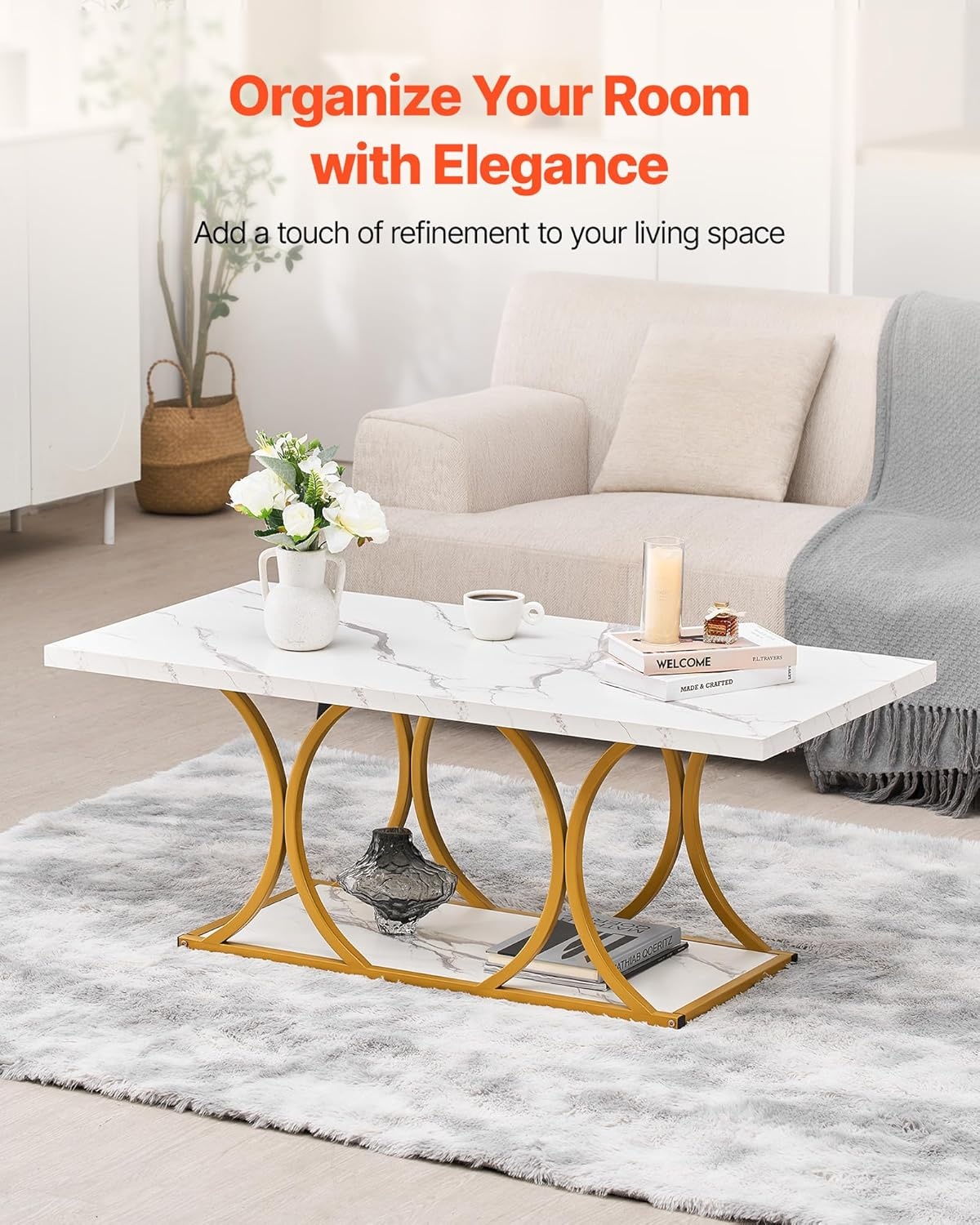 image:imageVEVOR Coffee Table Modern Faux Marble Coffee Table 2Tier Rectangle Center Desk with Geometric Legs Minimalist Sturdy Metal Frame Accent End Desk for Living Room Office Easy Assembly White472 Inch