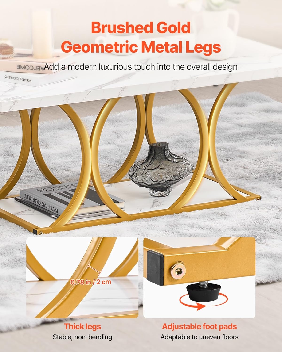 image:imageVEVOR Coffee Table Modern Faux Marble Coffee Table 2Tier Rectangle Center Desk with Geometric Legs Minimalist Sturdy Metal Frame Accent End Desk for Living Room Office Easy Assembly White393 Inch