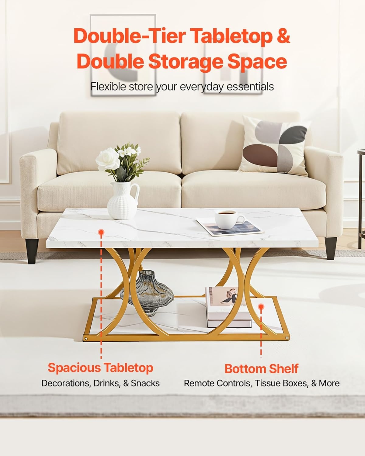 image:imageVEVOR Coffee Table Modern Faux Marble Coffee Table 2Tier Rectangle Center Desk with Geometric Legs Minimalist Sturdy Metal Frame Accent End Desk for Living Room Office Easy Assembly White472 Inch