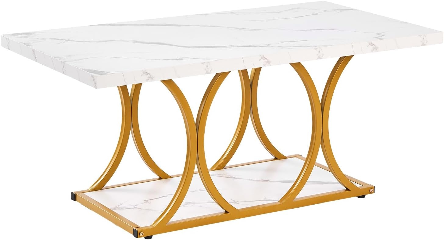 image:imageVEVOR Coffee Table Modern Faux Marble Coffee Table 2Tier Rectangle Center Desk with Geometric Legs Minimalist Sturdy Metal Frame Accent End Desk for Living Room Office Easy Assembly White393 Inch