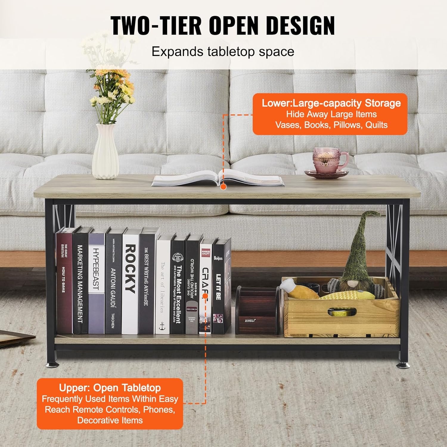 image:imageVEVOR Coffee Table Modern Faux Marble Coffee Table 2Tier Rectangle Center Desk with Geometric Legs Minimalist Sturdy Metal Frame Accent End Desk for Living Room Office Easy Assembly White40 Inch