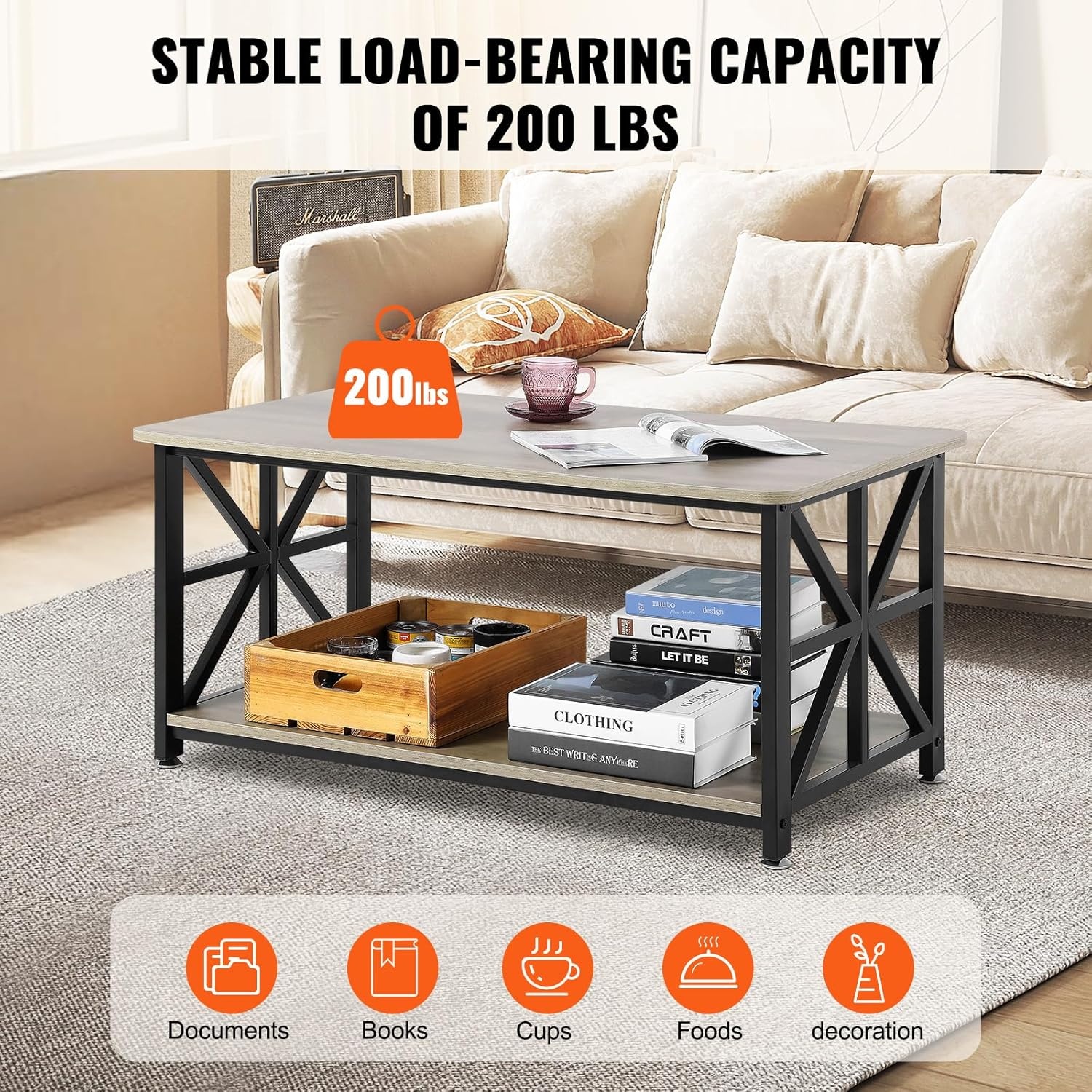image:imageVEVOR Coffee Table Modern Faux Marble Coffee Table 2Tier Rectangle Center Desk with Geometric Legs Minimalist Sturdy Metal Frame Accent End Desk for Living Room Office Easy Assembly White40 Inch