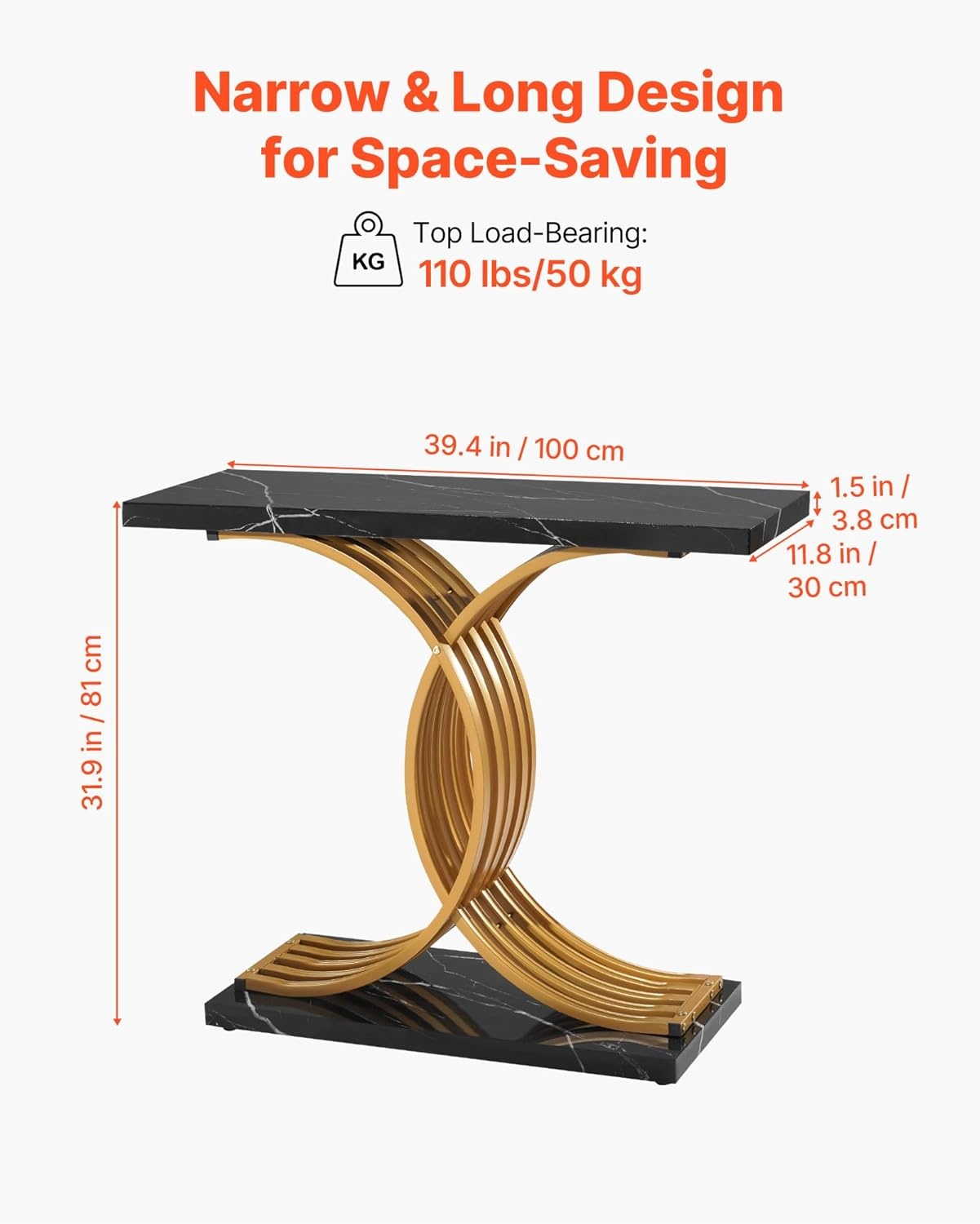 image:imageVEVOR Entryway Table 394 Inch Gold Console Table Narrow Console Table with Metal Frame Modern Console Sofa Table for Living Room Entryway HallwayBlack
