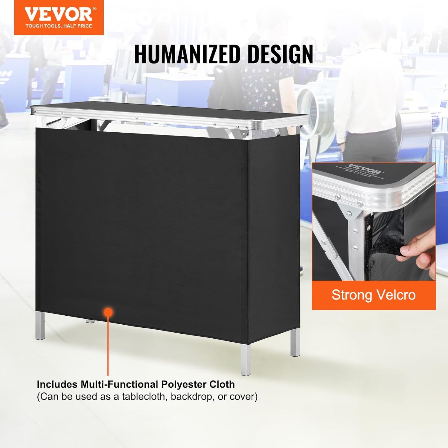 image:imageVEVOR Extra Long Folding Portable Bar Tradeshow Podium Table for Indoor Outdoor Party Picnic Exhibition Includes Carrying Case Storage Shelf and Black Skirt 7795 x 1516 x 34653839 INCH