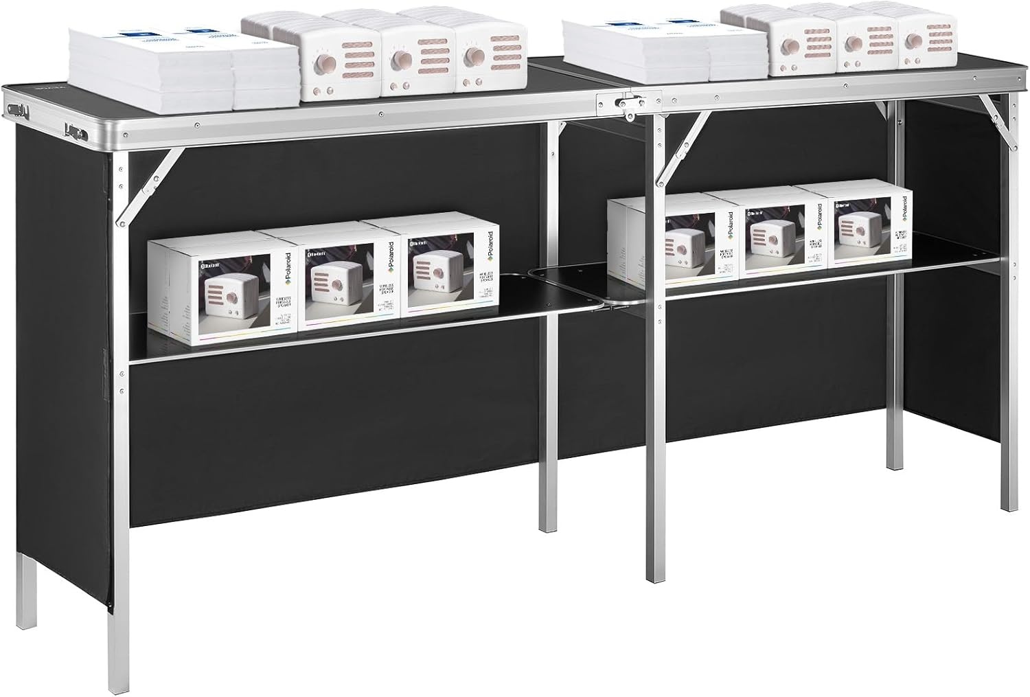 image:imageVEVOR Extra Long Folding Portable Bar Tradeshow Podium Table for Indoor Outdoor Party Picnic Exhibition Includes Carrying Case Storage Shelf and Black Skirt 7795 x 1516 x 34657795 INCH
