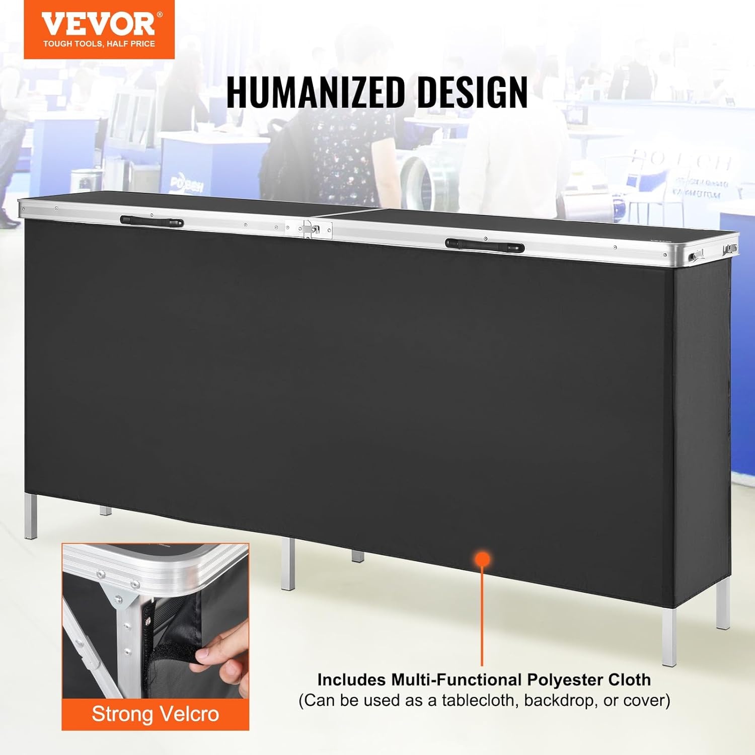 image:imageVEVOR Extra Long Folding Portable Bar Tradeshow Podium Table for Indoor Outdoor Party Picnic Exhibition Includes Carrying Case Storage Shelf and Black Skirt 7795 x 1516 x 34657795 INCH