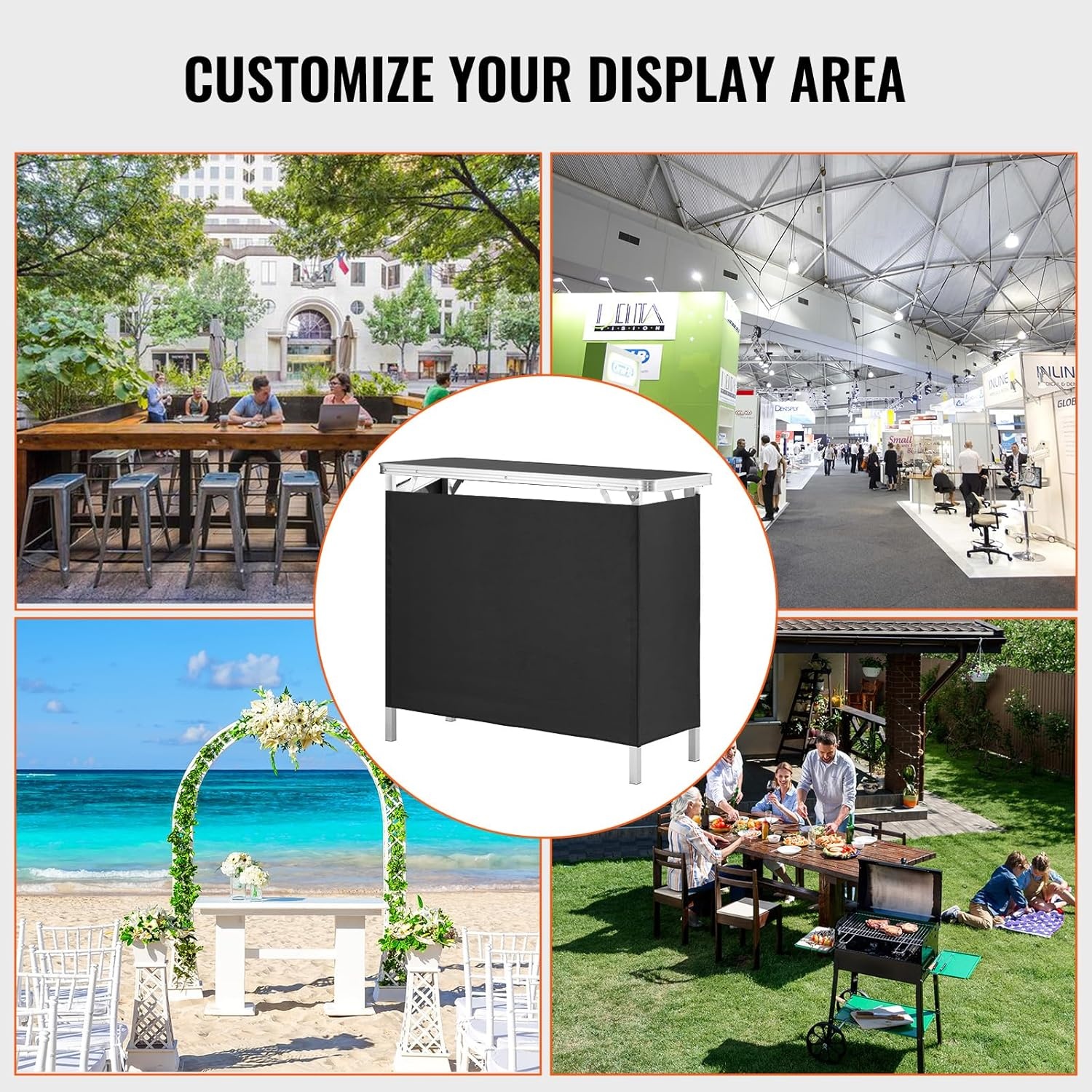 image:imageVEVOR Extra Long Folding Portable Bar Tradeshow Podium Table for Indoor Outdoor Party Picnic Exhibition Includes Carrying Case Storage Shelf and Black Skirt 7795 x 1516 x 34653839 INCH