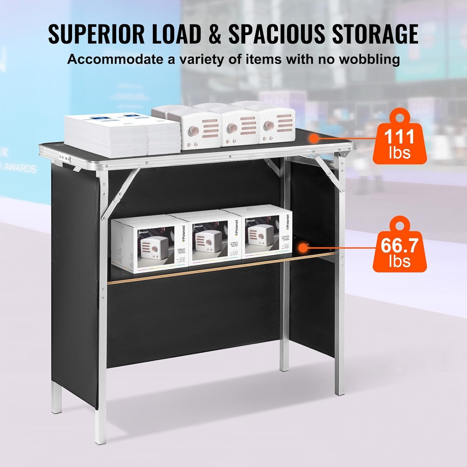 image:imageVEVOR Extra Long Folding Portable Bar Tradeshow Podium Table for Indoor Outdoor Party Picnic Exhibition Includes Carrying Case Storage Shelf and Black Skirt 7795 x 1516 x 34653839 INCH