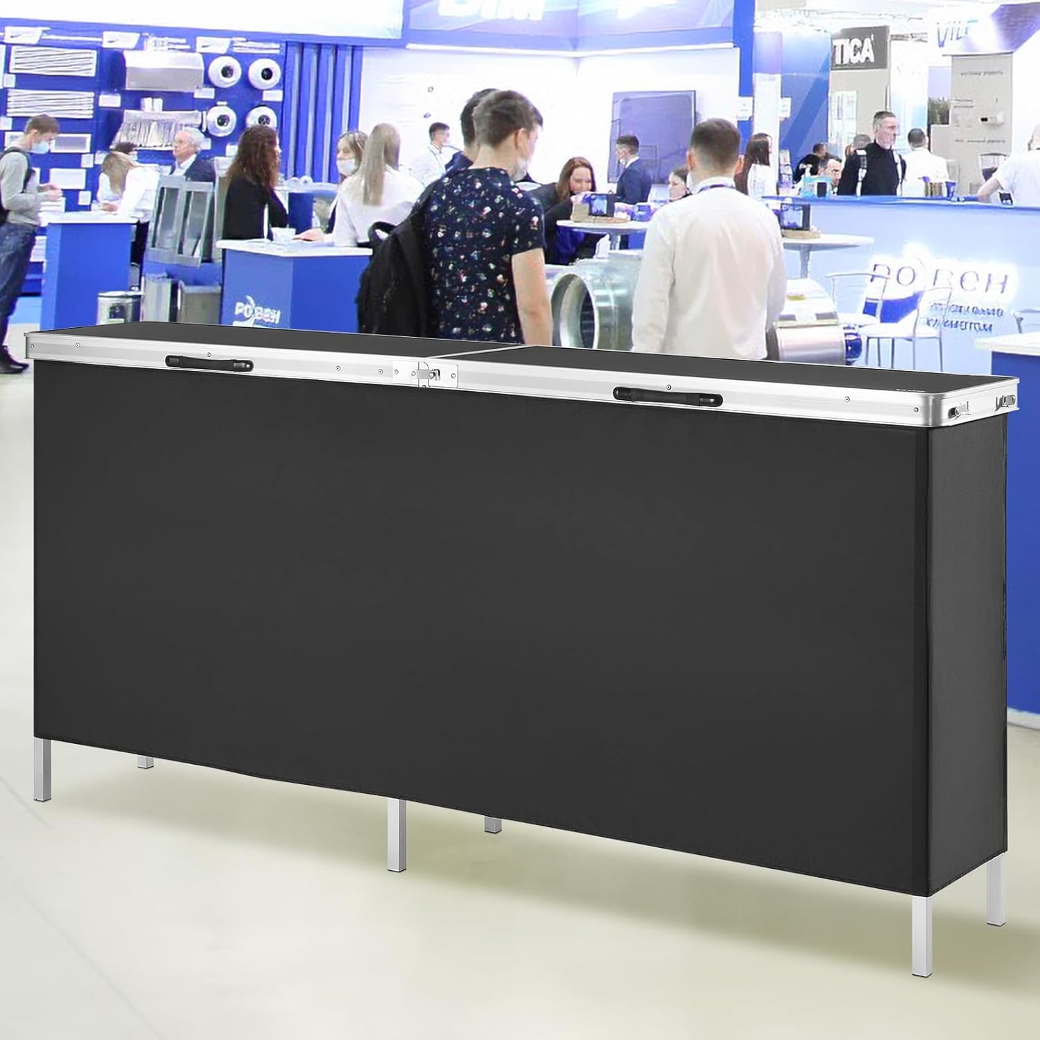 image:imageVEVOR Extra Long Folding Portable Bar Tradeshow Podium Table for Indoor Outdoor Party Picnic Exhibition Includes Carrying Case Storage Shelf and Black Skirt 7795 x 1516 x 34657795 INCH
