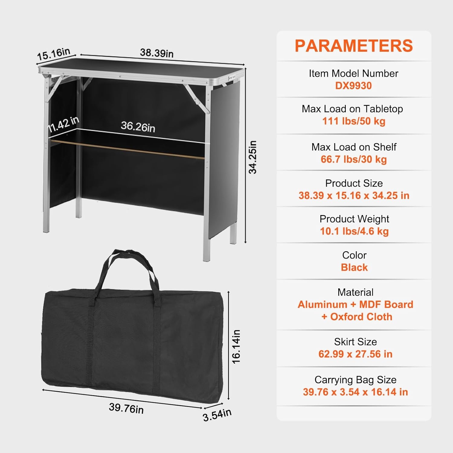 image:imageVEVOR Extra Long Folding Portable Bar Tradeshow Podium Table for Indoor Outdoor Party Picnic Exhibition Includes Carrying Case Storage Shelf and Black Skirt 7795 x 1516 x 34653839 INCH