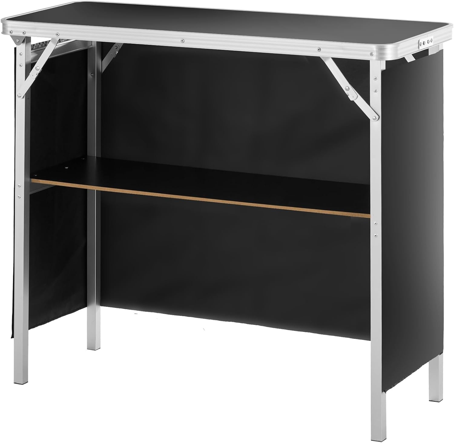 image:imageVEVOR Extra Long Folding Portable Bar Tradeshow Podium Table for Indoor Outdoor Party Picnic Exhibition Includes Carrying Case Storage Shelf and Black Skirt 7795 x 1516 x 34653839 INCH