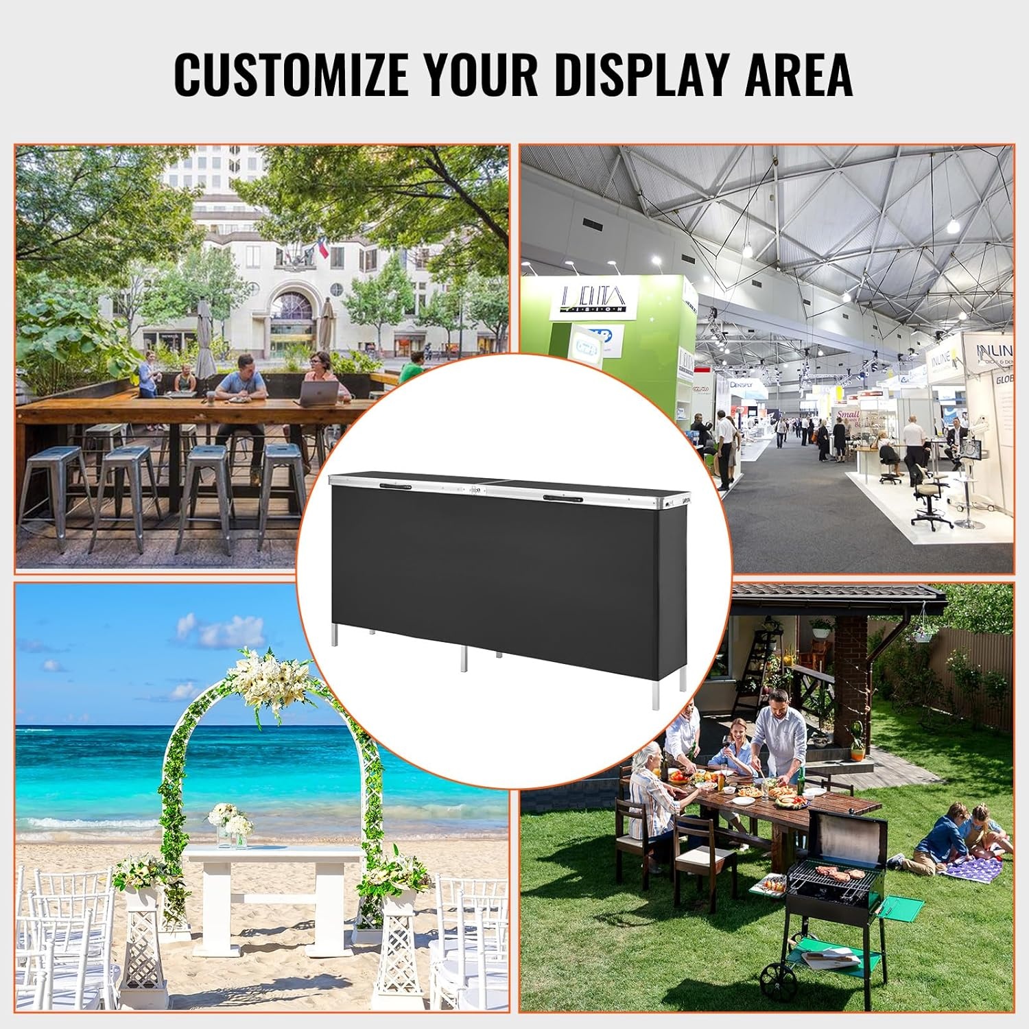 image:imageVEVOR Extra Long Folding Portable Bar Tradeshow Podium Table for Indoor Outdoor Party Picnic Exhibition Includes Carrying Case Storage Shelf and Black Skirt 7795 x 1516 x 34657795 INCH