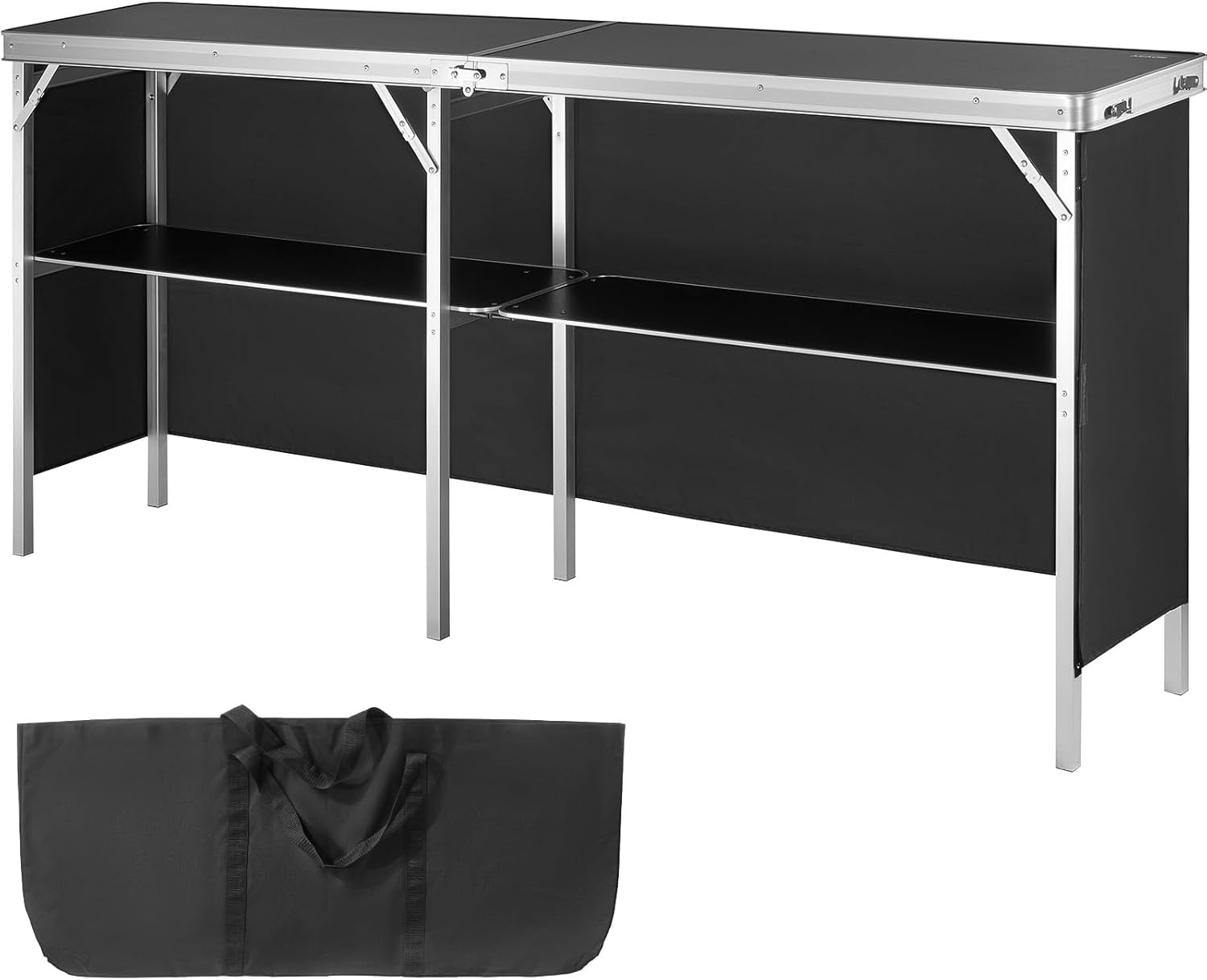image:imageVEVOR Extra Long Folding Portable Bar Tradeshow Podium Table for Indoor Outdoor Party Picnic Exhibition Includes Carrying Case Storage Shelf and Black Skirt 7795 x 1516 x 34657795 INCH