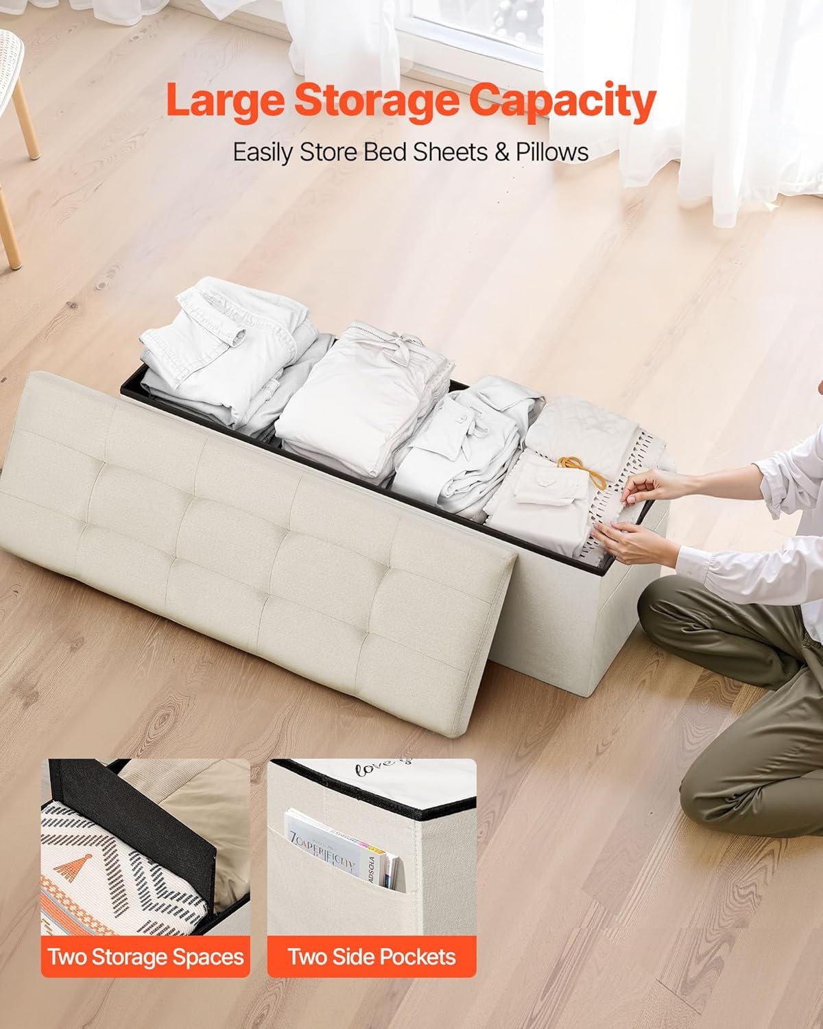 image:imageVEVOR Foldable Storage Ottoman Bench End of Bed Bench with Side Bags Folding Upholstered Storage Chest Supports 660 lbs Linen Bed Ottoman with Large Space for Living Room Bedroom Entryway BeigeBeige